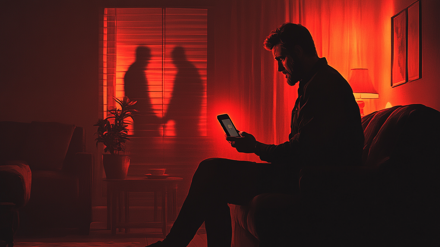  A concerned person holding a phone with a mysterious notification and shadowy figures in the background