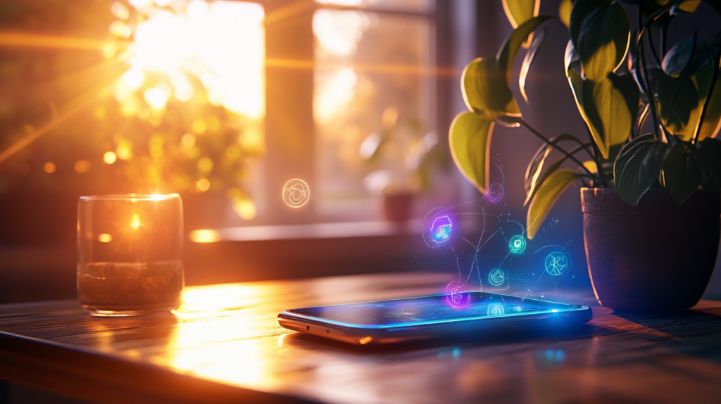 Phone on a table with glowing symbols illustrating how caller ID reveals who is calling