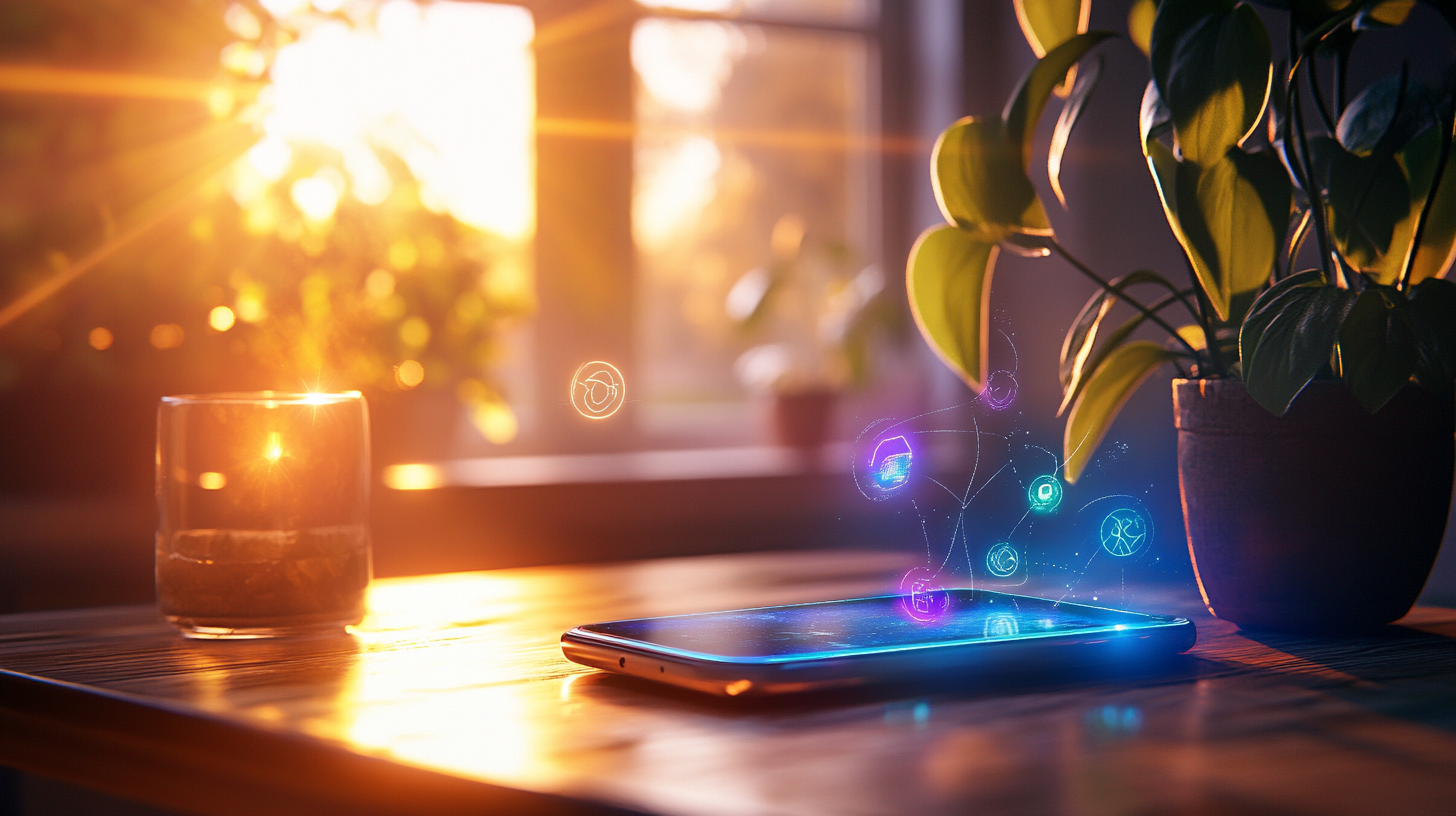 Phone on a table with glowing symbols illustrating how caller ID reveals who is calling