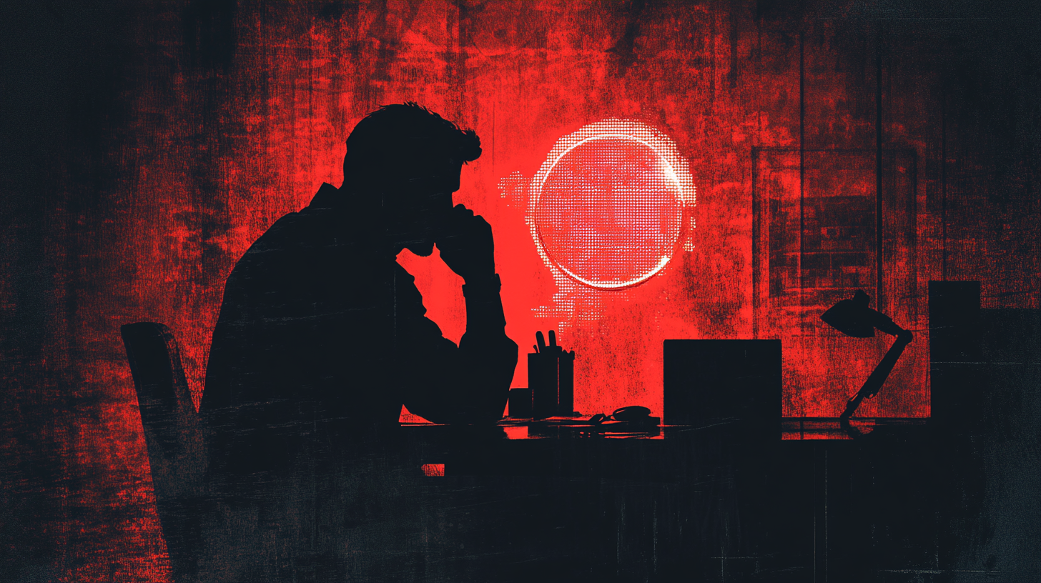 Someone talking on a phone as a faint map outline and magnifying glass suggest possible tracking