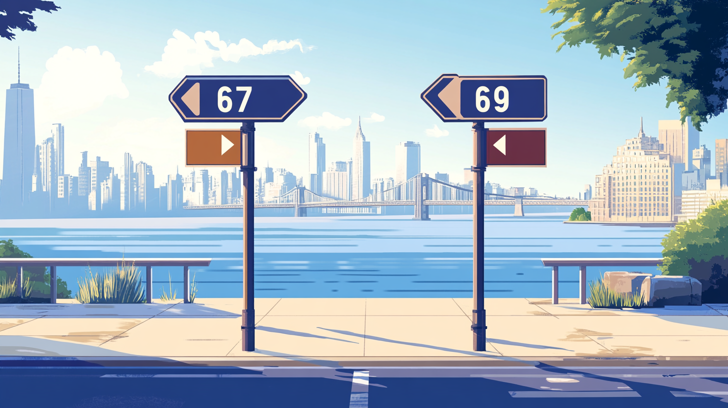 Dual signpost image highlighting the fork between 67 and 69 codes