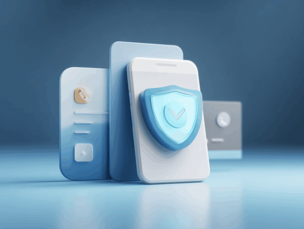 Minimalist graphic showing a protected primary phone and a secondary phone absorbing spam calls.