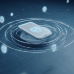 Vector illustration of a smartphone protected by three interlocking blue rings symbolizing a security protocol