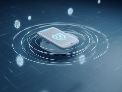 Vector illustration of a smartphone protected by three interlocking blue rings symbolizing a security protocol