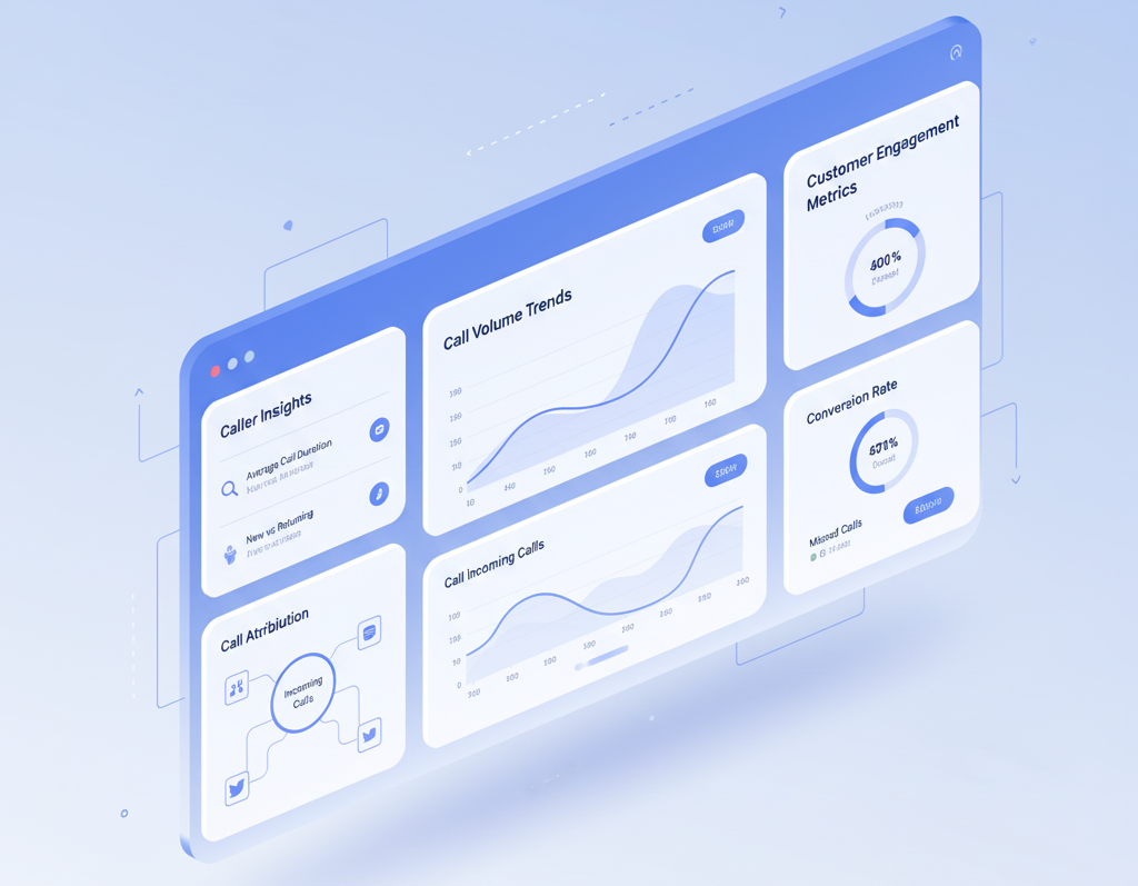 Call tracking strategies dashboard showing analytics, caller insights, and customer engagement metrics for businesses.
