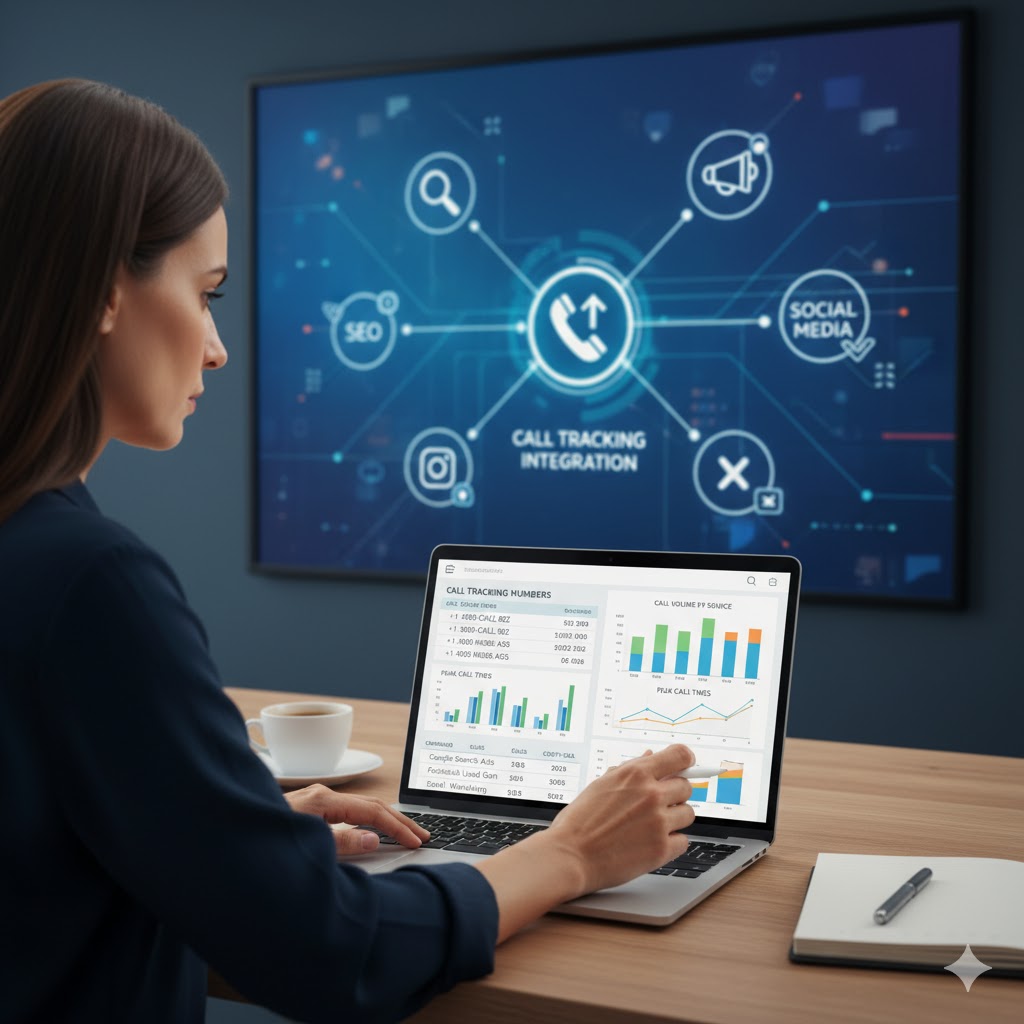 Business professional analyzing marketing performance using call tracking numbers on a digital dashboard
